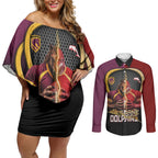 Personalized Brisbane Broncos vs Dolphins Fusion Couples Matching Off Shoulder Short Dress and Long Sleeve Button Shirt Hybrid Mascot Lightning Graphic With Hexagon Honeycomb