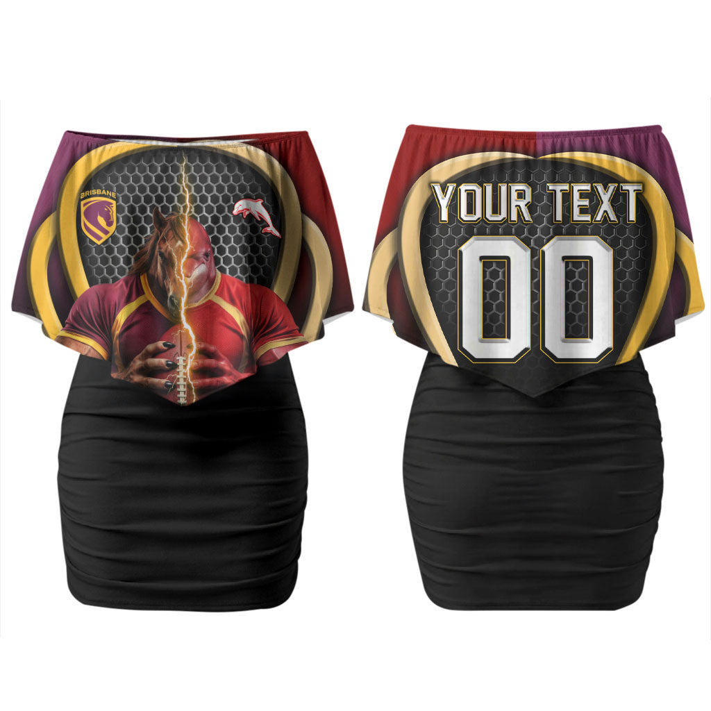 Personalized Brisbane Broncos vs Dolphins Fusion Couples Matching Off Shoulder Short Dress and Long Sleeve Button Shirt Hybrid Mascot Lightning Graphic With Hexagon Honeycomb
