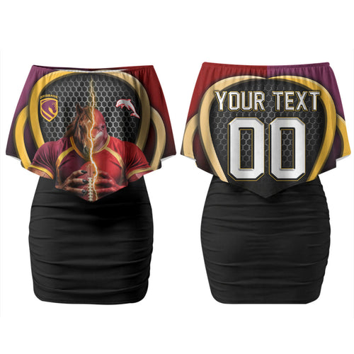 Personalized Brisbane Broncos vs Dolphins Fusion Couples Matching Off Shoulder Short Dress and Long Sleeve Button Shirt Hybrid Mascot Lightning Graphic With Hexagon Honeycomb