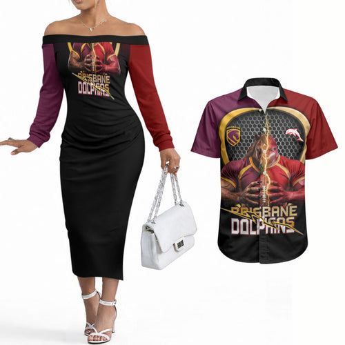Personalized Brisbane Broncos vs Dolphins Fusion Couples Matching Off The Shoulder Long Sleeve Dress and Hawaiian Shirt Hybrid Mascot Lightning Graphic With Hexagon Honeycomb