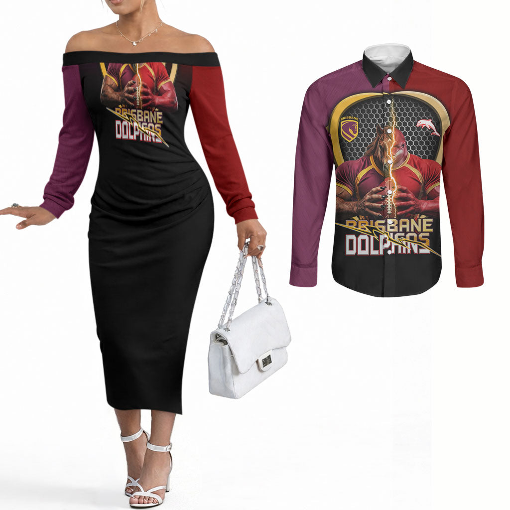 Personalized Brisbane Broncos vs Dolphins Fusion Couples Matching Off The Shoulder Long Sleeve Dress and Long Sleeve Button Shirt Hybrid Mascot Lightning Graphic With Hexagon Honeycomb