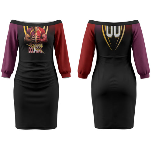 Personalized Brisbane Broncos vs Dolphins Fusion Couples Matching Off The Shoulder Long Sleeve Dress and Long Sleeve Button Shirt Hybrid Mascot Lightning Graphic With Hexagon Honeycomb