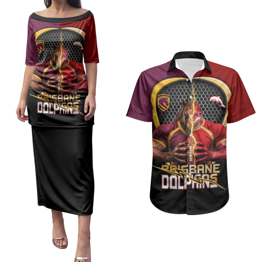 Personalized Brisbane Broncos vs Dolphins Fusion Couples Matching Puletasi and Hawaiian Shirt Hybrid Mascot Lightning Graphic With Hexagon Honeycomb