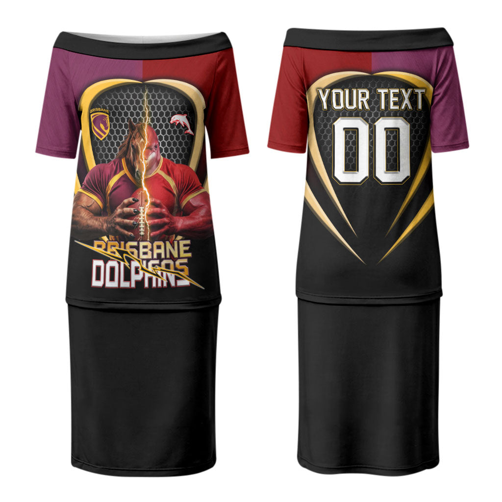 Personalized Brisbane Broncos vs Dolphins Fusion Couples Matching Puletasi and Hawaiian Shirt Hybrid Mascot Lightning Graphic With Hexagon Honeycomb
