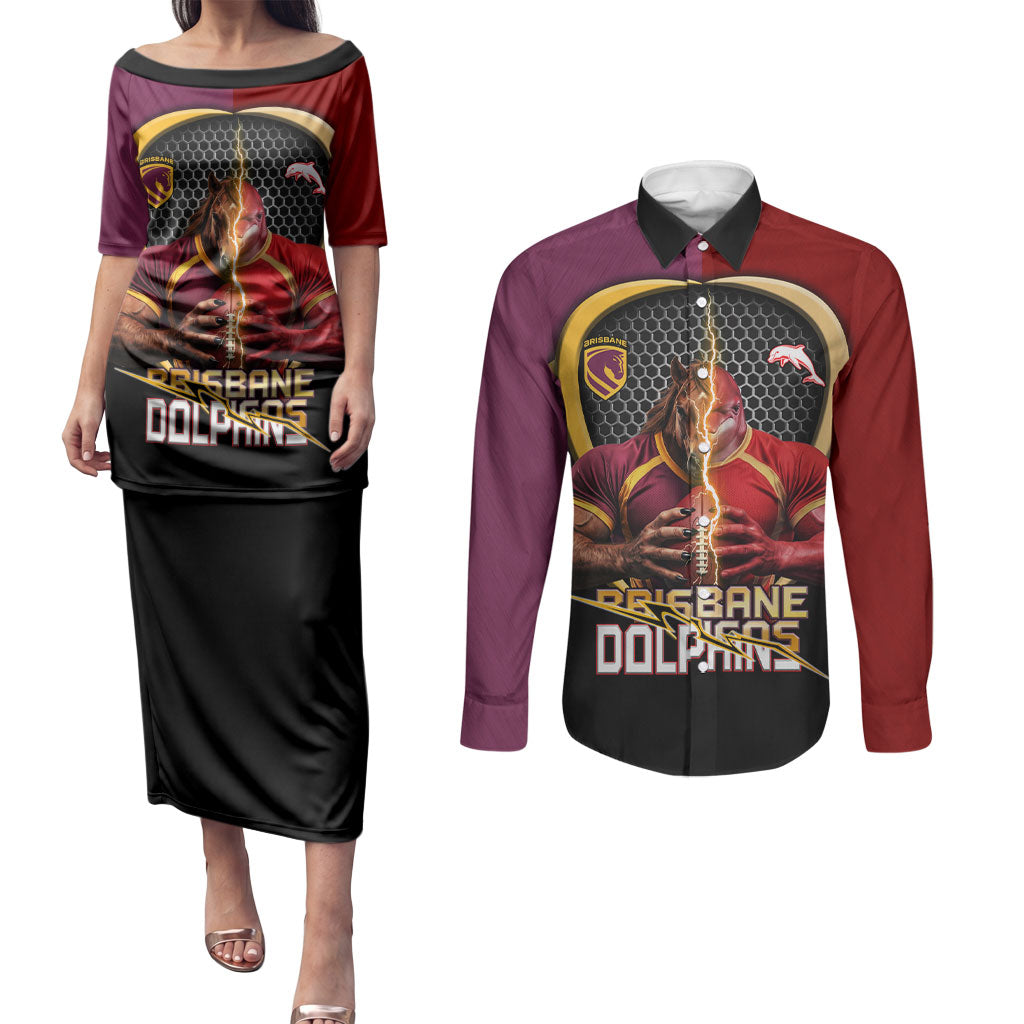 Personalized Brisbane Broncos vs Dolphins Fusion Couples Matching Puletasi and Long Sleeve Button Shirt Hybrid Mascot Lightning Graphic With Hexagon Honeycomb