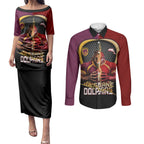 Personalized Brisbane Broncos vs Dolphins Fusion Couples Matching Puletasi and Long Sleeve Button Shirt Hybrid Mascot Lightning Graphic With Hexagon Honeycomb