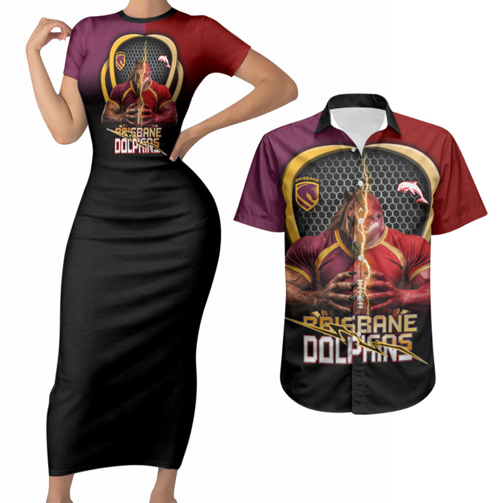 Personalized Brisbane Broncos vs Dolphins Fusion Couples Matching Short Sleeve Bodycon Dress and Hawaiian Shirt Hybrid Mascot Lightning Graphic With Hexagon Honeycomb