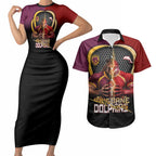 Personalized Brisbane Broncos vs Dolphins Fusion Couples Matching Short Sleeve Bodycon Dress and Hawaiian Shirt Hybrid Mascot Lightning Graphic With Hexagon Honeycomb