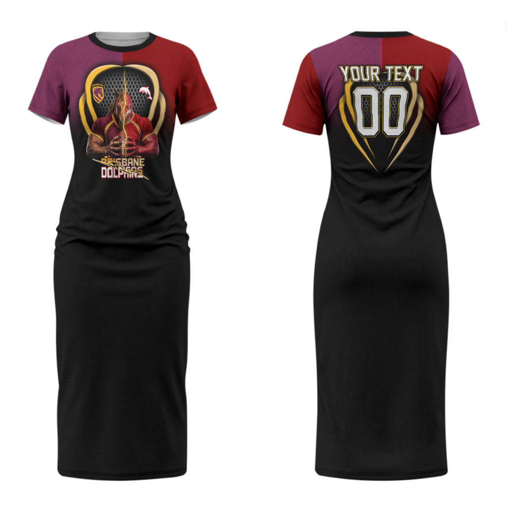Personalized Brisbane Broncos vs Dolphins Fusion Couples Matching Short Sleeve Bodycon Dress and Hawaiian Shirt Hybrid Mascot Lightning Graphic With Hexagon Honeycomb