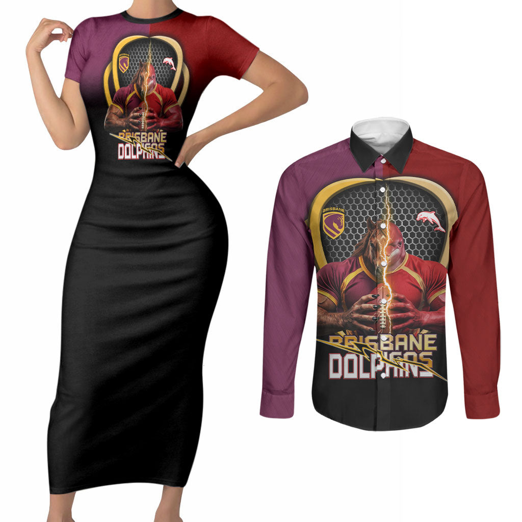 Personalized Brisbane Broncos vs Dolphins Fusion Couples Matching Short Sleeve Bodycon Dress and Long Sleeve Button Shirt Hybrid Mascot Lightning Graphic With Hexagon Honeycomb