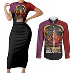Personalized Brisbane Broncos vs Dolphins Fusion Couples Matching Short Sleeve Bodycon Dress and Long Sleeve Button Shirt Hybrid Mascot Lightning Graphic With Hexagon Honeycomb