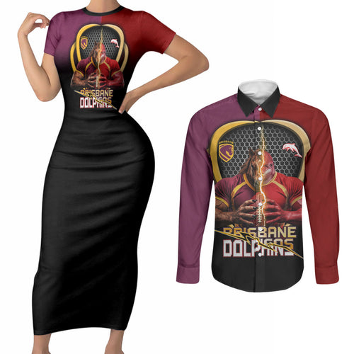 Personalized Brisbane Broncos vs Dolphins Fusion Couples Matching Short Sleeve Bodycon Dress and Long Sleeve Button Shirt Hybrid Mascot Lightning Graphic With Hexagon Honeycomb