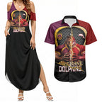 Personalized Brisbane Broncos vs Dolphins Fusion Couples Matching Summer Maxi Dress and Hawaiian Shirt Hybrid Mascot Lightning Graphic With Hexagon Honeycomb