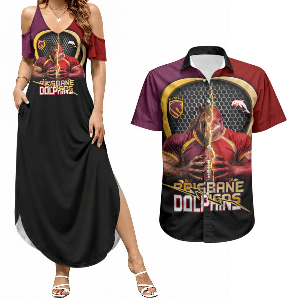 Personalized Brisbane Broncos vs Dolphins Fusion Couples Matching Summer Maxi Dress and Hawaiian Shirt Hybrid Mascot Lightning Graphic With Hexagon Honeycomb