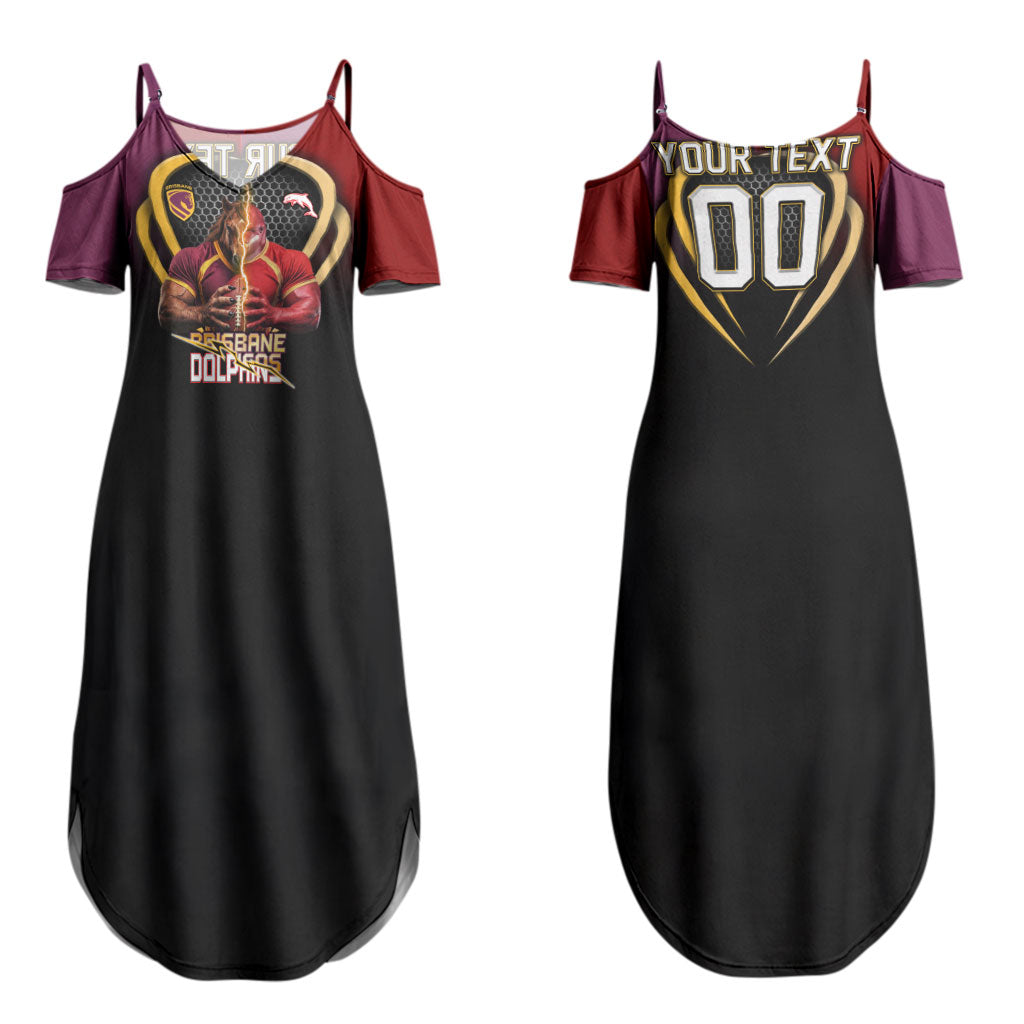 Personalized Brisbane Broncos vs Dolphins Fusion Couples Matching Summer Maxi Dress and Hawaiian Shirt Hybrid Mascot Lightning Graphic With Hexagon Honeycomb
