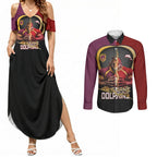 Personalized Brisbane Broncos vs Dolphins Fusion Couples Matching Summer Maxi Dress and Long Sleeve Button Shirt Hybrid Mascot Lightning Graphic With Hexagon Honeycomb