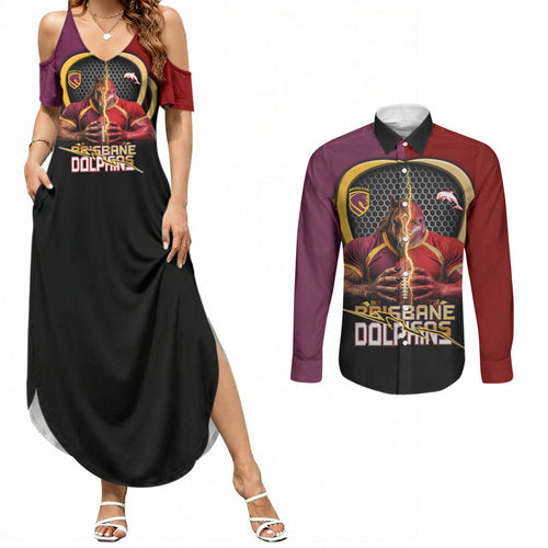 Personalized Brisbane Broncos vs Dolphins Fusion Couples Matching Summer Maxi Dress and Long Sleeve Button Shirt Hybrid Mascot Lightning Graphic With Hexagon Honeycomb