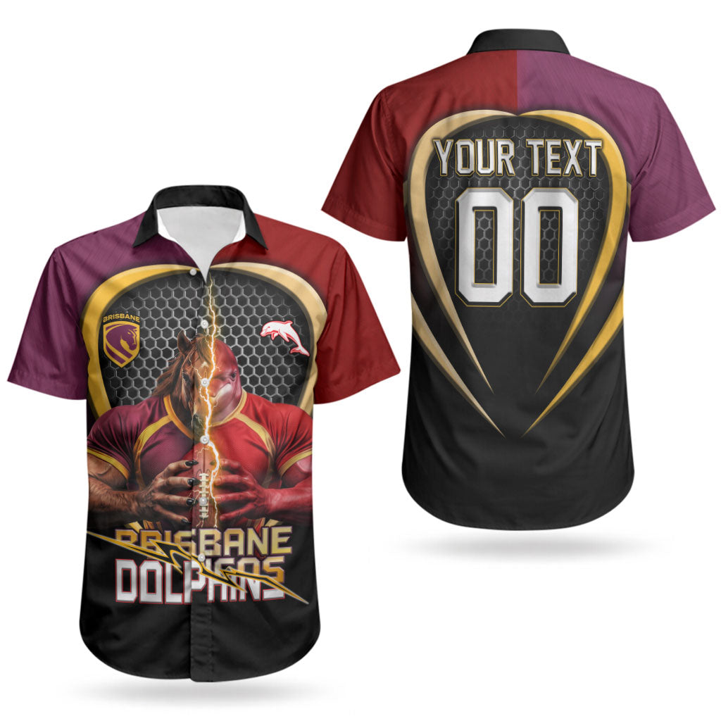 Personalized Brisbane Broncos vs Dolphins Fusion Couples Matching Tank Maxi Dress and Hawaiian Shirt Hybrid Mascot Lightning Graphic With Hexagon Honeycomb