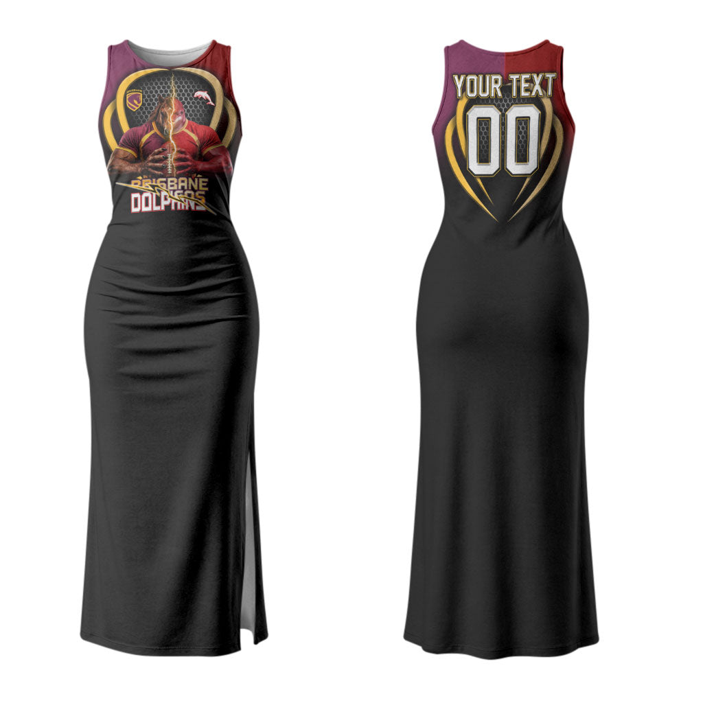 Personalized Brisbane Broncos vs Dolphins Fusion Couples Matching Tank Maxi Dress and Long Sleeve Button Shirt Hybrid Mascot Lightning Graphic With Hexagon Honeycomb