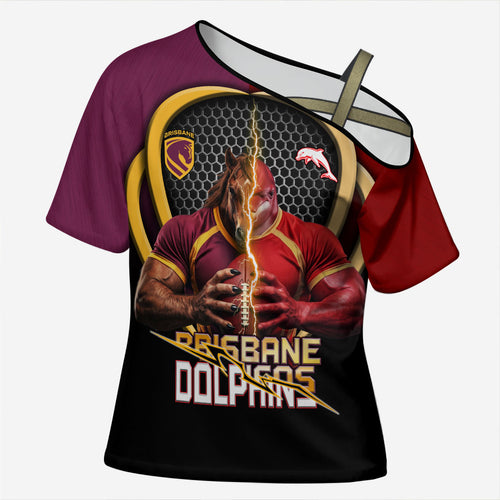 Personalized Brisbane Broncos vs Dolphins Fusion Cross Shoulder Shirt Hybrid Mascot Lightning Graphic With Hexagon Honeycomb