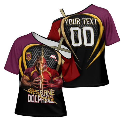 Personalized Brisbane Broncos vs Dolphins Fusion Cross Shoulder Shirt Hybrid Mascot Lightning Graphic With Hexagon Honeycomb