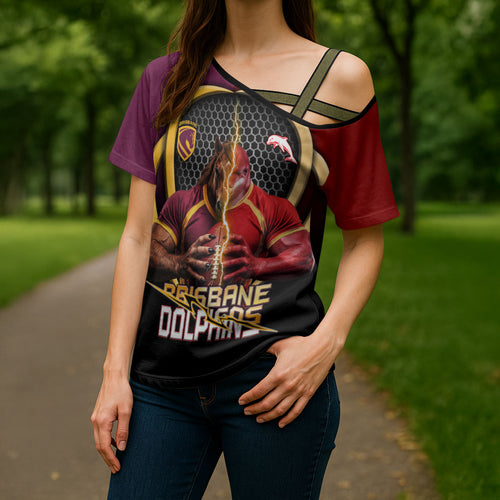 Personalized Brisbane Broncos vs Dolphins Fusion Cross Shoulder Shirt Hybrid Mascot Lightning Graphic With Hexagon Honeycomb