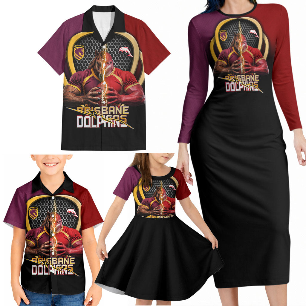 Personalized Brisbane Broncos vs Dolphins Fusion Family Matching Long Sleeve Bodycon Dress and Hawaiian Shirt Hybrid Mascot Lightning Graphic With Hexagon Honeycomb