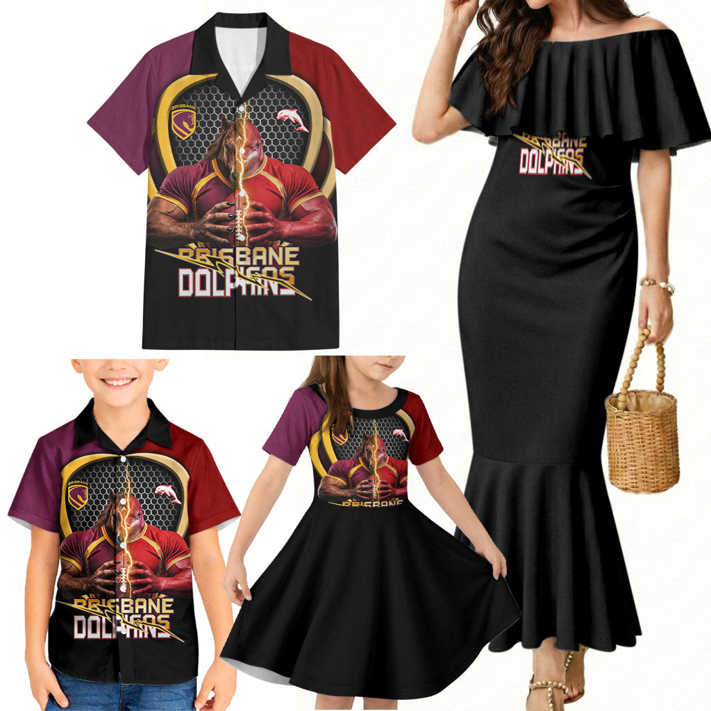 Personalized Brisbane Broncos vs Dolphins Fusion Family Matching Mermaid Dress and Hawaiian Shirt Hybrid Mascot Lightning Graphic With Hexagon Honeycomb