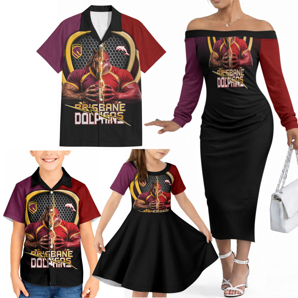 Personalized Brisbane Broncos vs Dolphins Fusion Family Matching Off The Shoulder Long Sleeve Dress and Hawaiian Shirt Hybrid Mascot Lightning Graphic With Hexagon Honeycomb