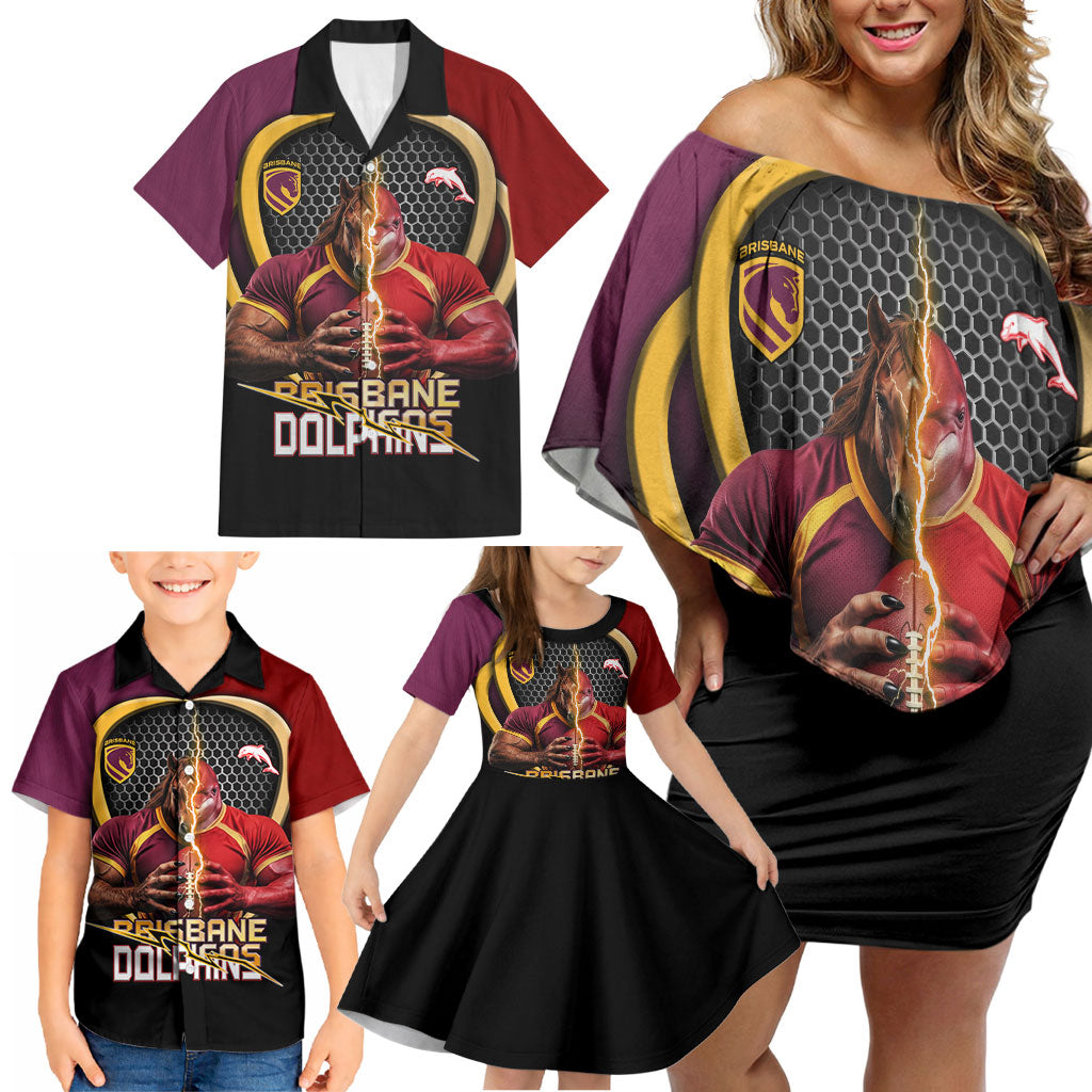 Personalized Brisbane Broncos vs Dolphins Fusion Family Matching Off Shoulder Short Dress and Hawaiian Shirt Hybrid Mascot Lightning Graphic With Hexagon Honeycomb
