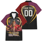 Personalized Brisbane Broncos vs Dolphins Fusion Family Matching Off Shoulder Short Dress and Hawaiian Shirt Hybrid Mascot Lightning Graphic With Hexagon Honeycomb
