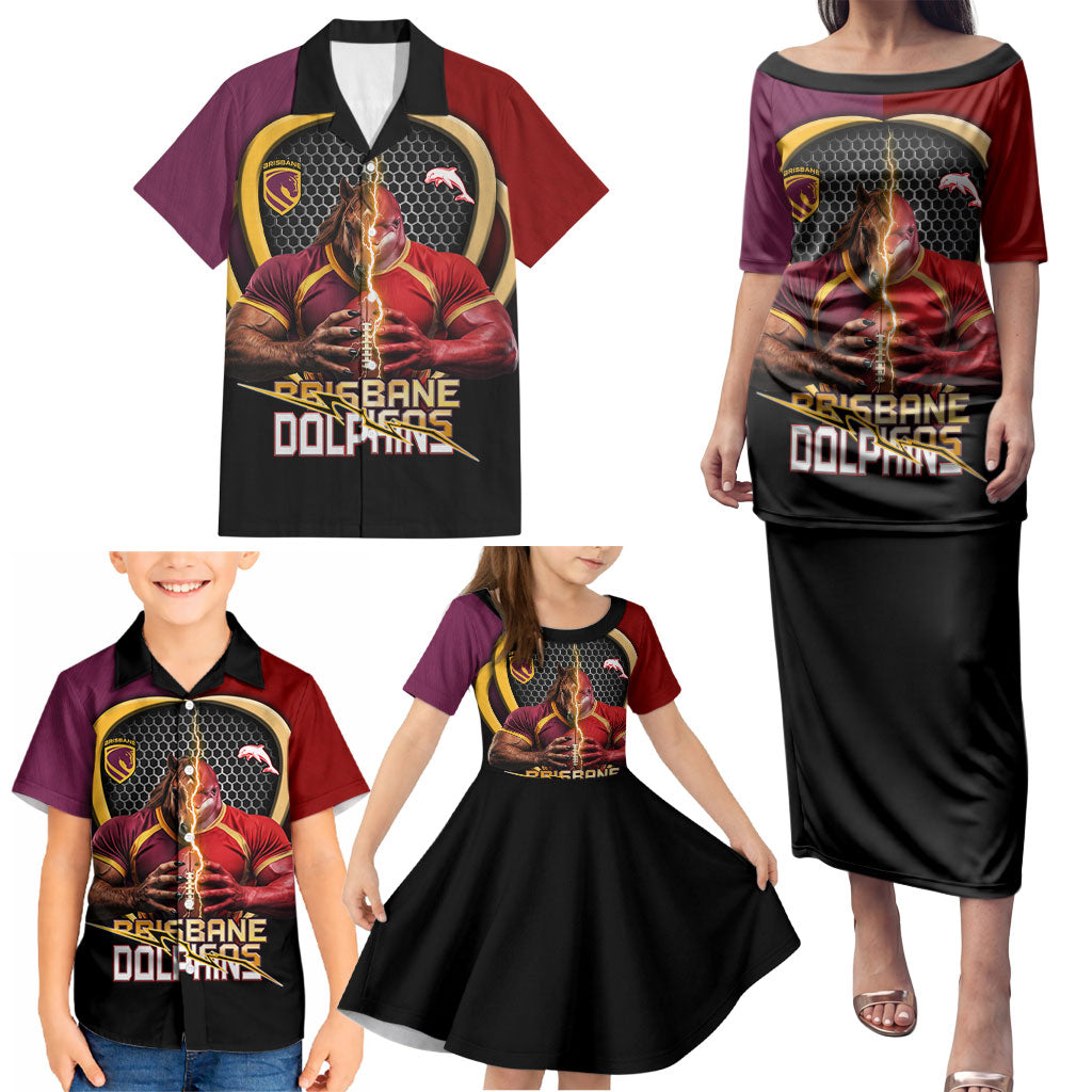 Personalized Brisbane Broncos vs Dolphins Fusion Family Matching Puletasi and Hawaiian Shirt Hybrid Mascot Lightning Graphic With Hexagon Honeycomb