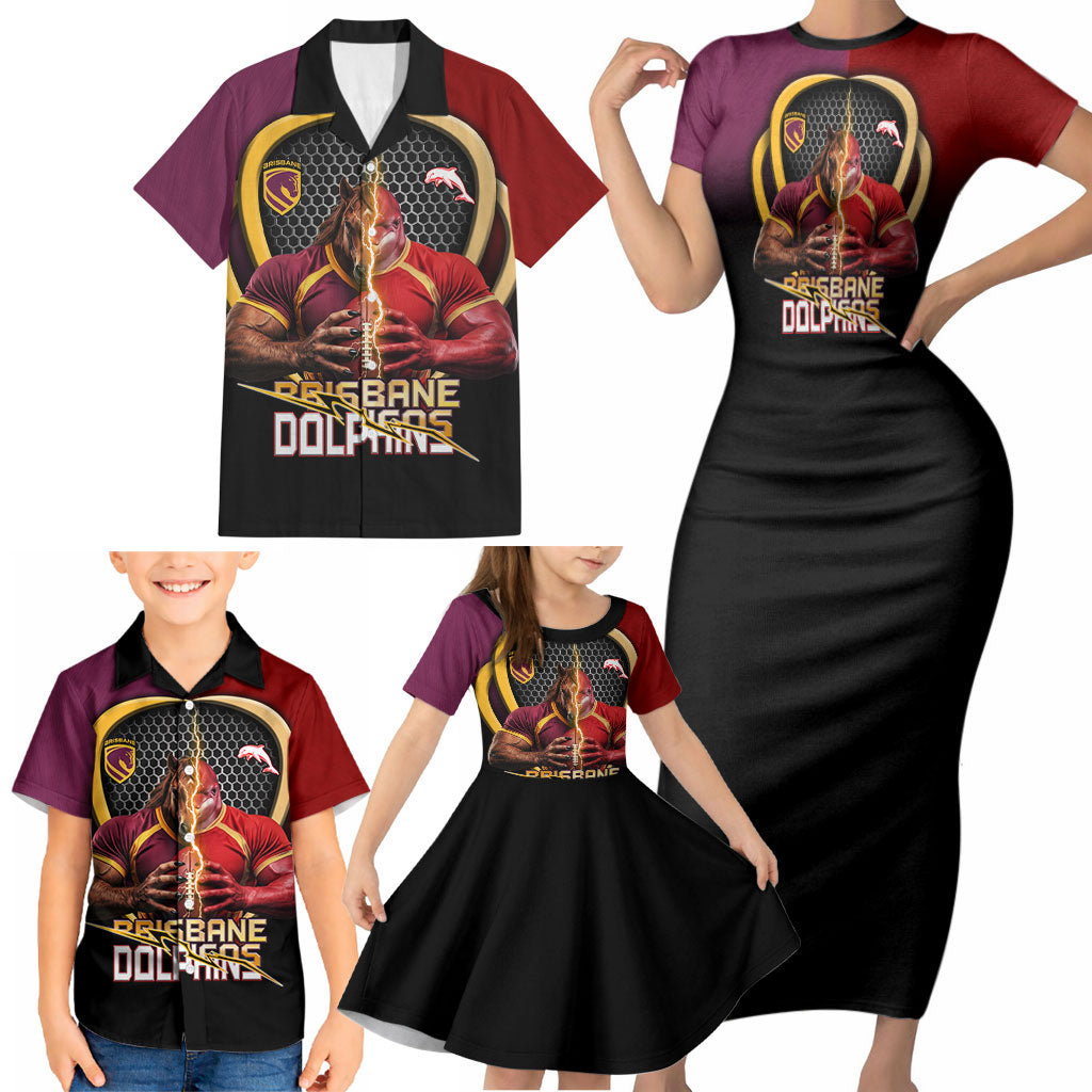 Personalized Brisbane Broncos vs Dolphins Fusion Family Matching Short Sleeve Bodycon Dress and Hawaiian Shirt Hybrid Mascot Lightning Graphic With Hexagon Honeycomb
