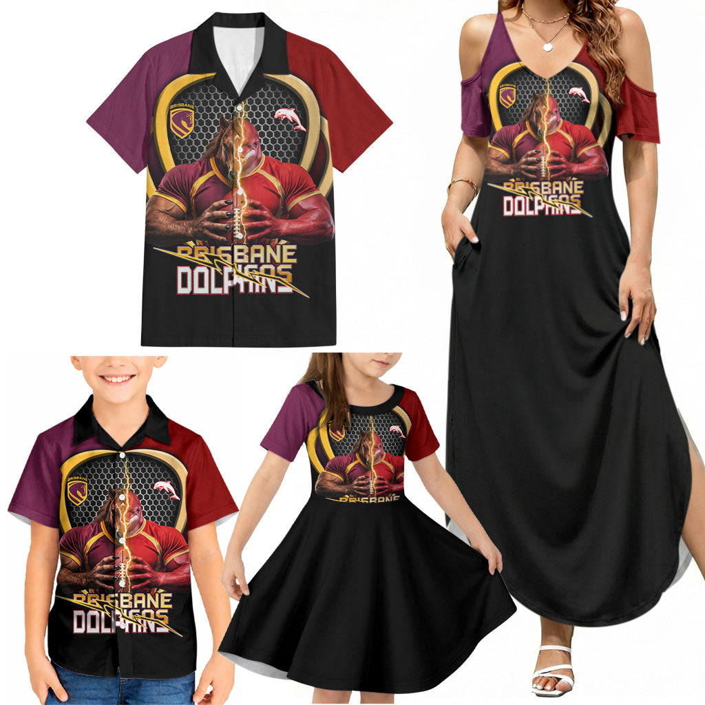 Personalized Brisbane Broncos vs Dolphins Fusion Family Matching Summer Maxi Dress and Hawaiian Shirt Hybrid Mascot Lightning Graphic With Hexagon Honeycomb