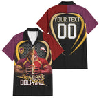 Personalized Brisbane Broncos vs Dolphins Fusion Family Matching Summer Maxi Dress and Hawaiian Shirt Hybrid Mascot Lightning Graphic With Hexagon Honeycomb