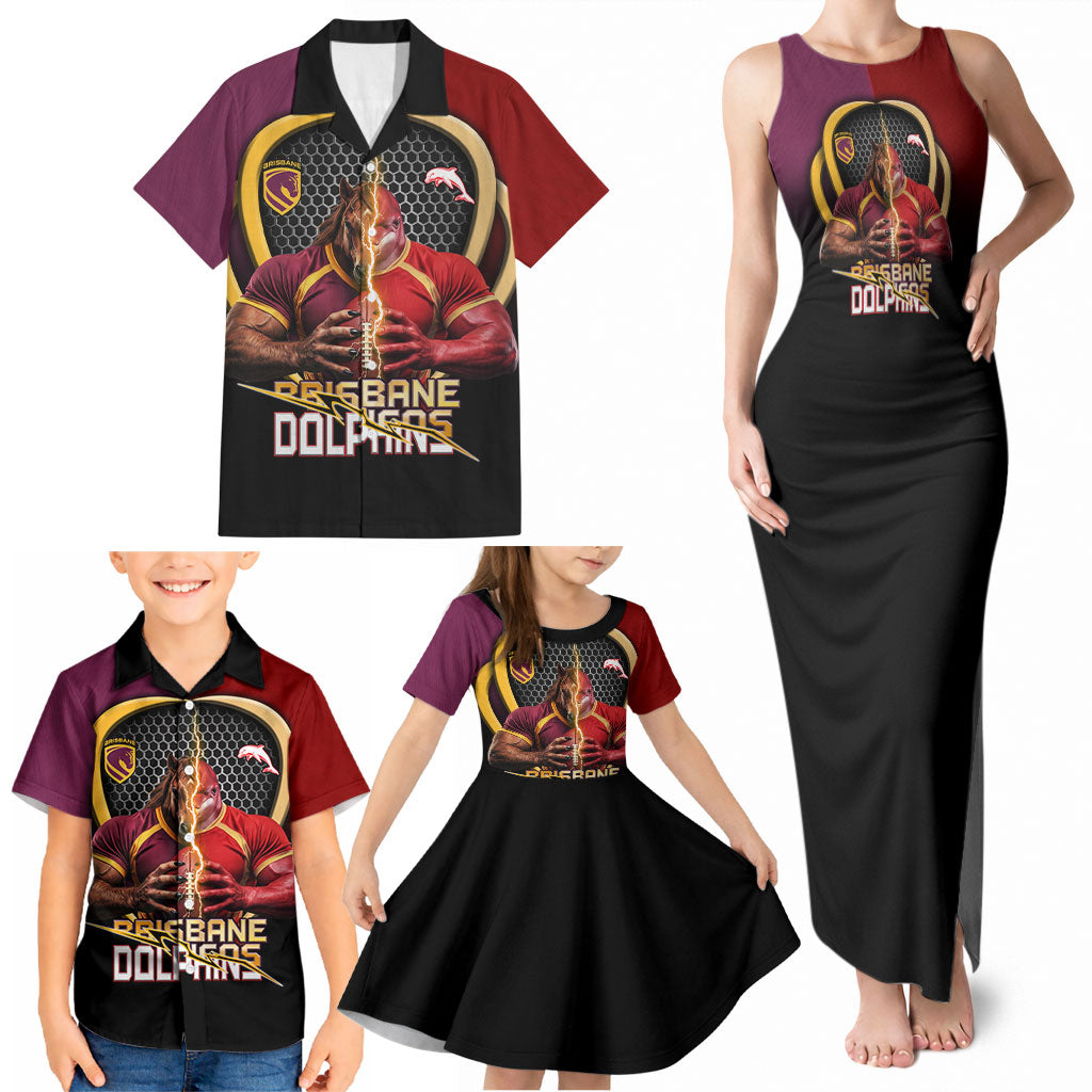 Personalized Brisbane Broncos vs Dolphins Fusion Family Matching Tank Maxi Dress and Hawaiian Shirt Hybrid Mascot Lightning Graphic With Hexagon Honeycomb