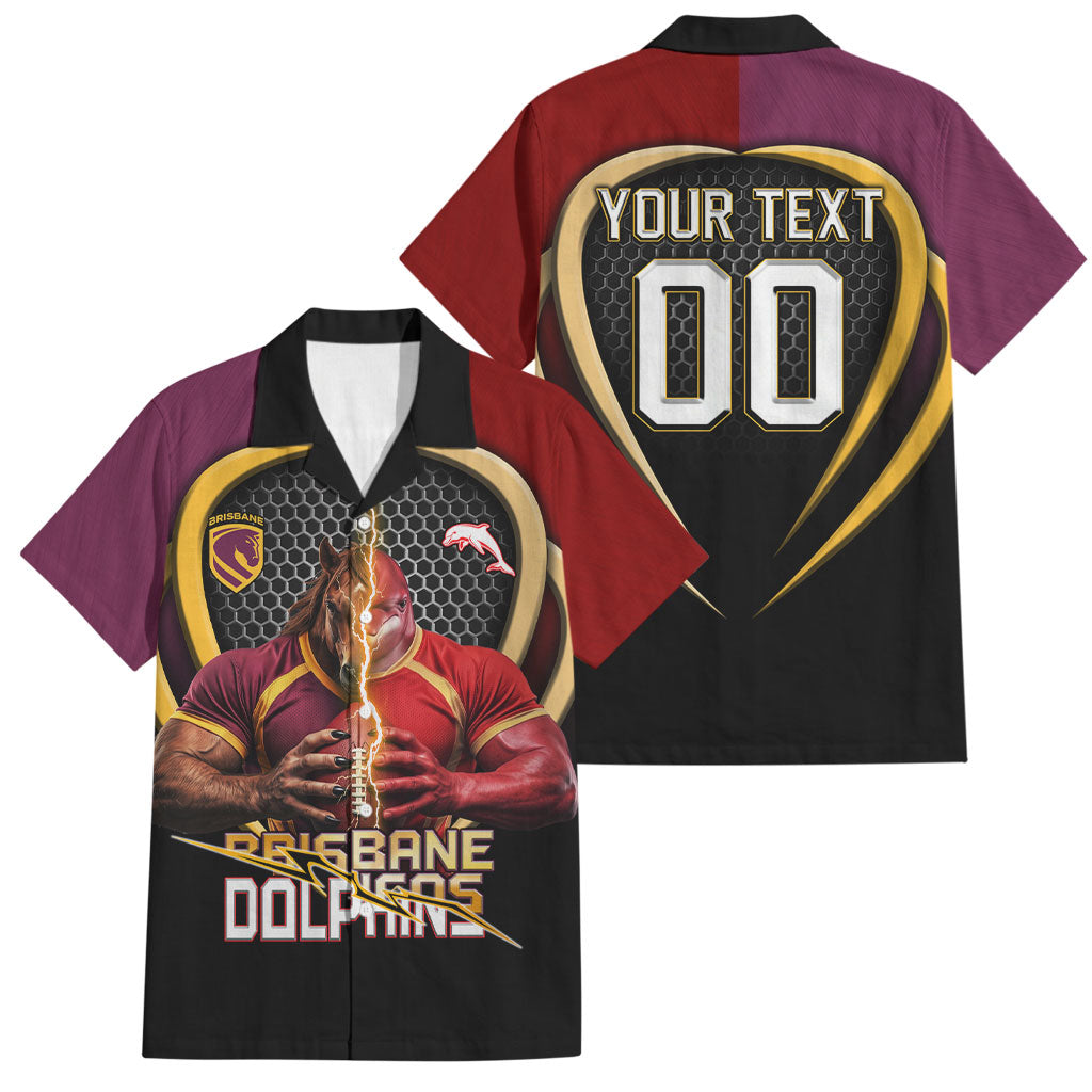 Personalized Brisbane Broncos vs Dolphins Fusion Family Matching Tank Maxi Dress and Hawaiian Shirt Hybrid Mascot Lightning Graphic With Hexagon Honeycomb