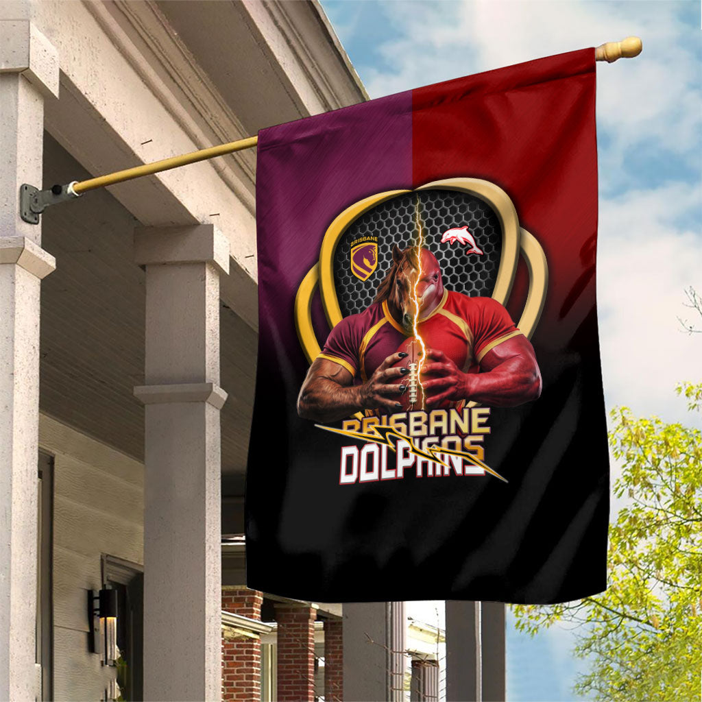 Brisbane Broncos vs Dolphins Fusion Garden Flag Hybrid Mascot Lightning Graphic With Hexagon Honeycomb