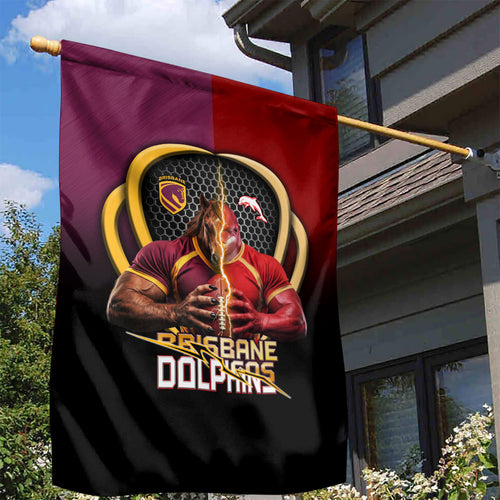Brisbane Broncos vs Dolphins Fusion Garden Flag Hybrid Mascot Lightning Graphic With Hexagon Honeycomb