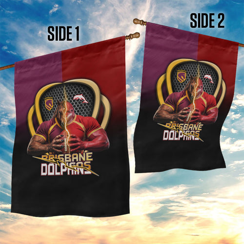 Brisbane Broncos vs Dolphins Fusion Garden Flag Hybrid Mascot Lightning Graphic With Hexagon Honeycomb