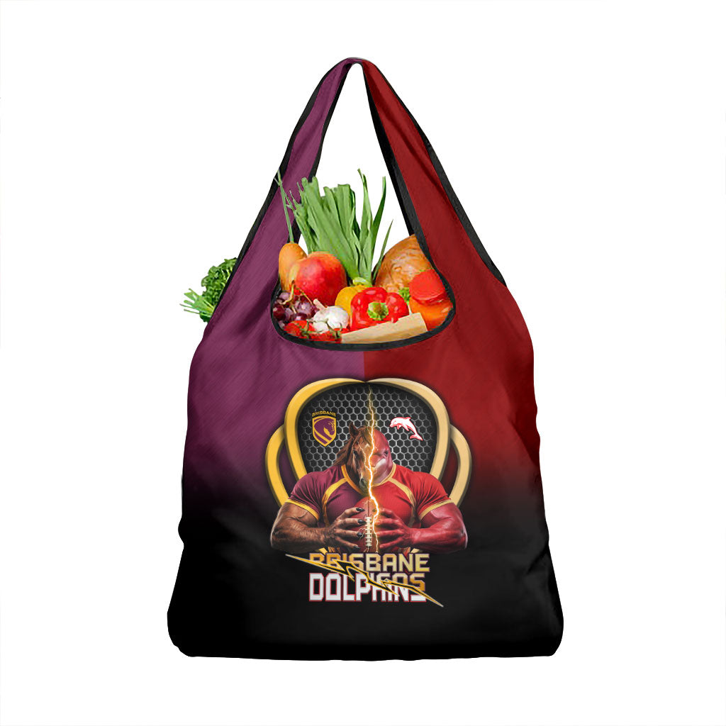 Brisbane Broncos vs Dolphins Fusion Grocery Bag Hybrid Mascot Lightning Graphic With Hexagon Honeycomb
