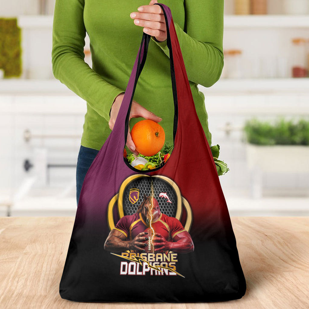 Brisbane Broncos vs Dolphins Fusion Grocery Bag Hybrid Mascot Lightning Graphic With Hexagon Honeycomb