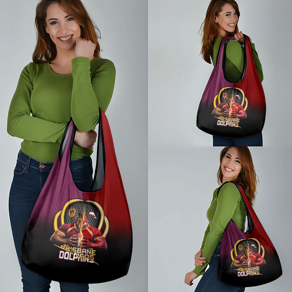 Brisbane Broncos vs Dolphins Fusion Grocery Bag Hybrid Mascot Lightning Graphic With Hexagon Honeycomb