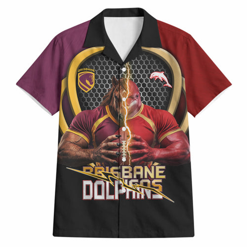 Personalized Brisbane Broncos vs Dolphins Fusion Hawaiian Shirt Hybrid Mascot Lightning Graphic With Hexagon Honeycomb