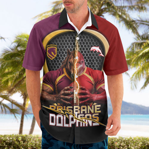 Personalized Brisbane Broncos vs Dolphins Fusion Hawaiian Shirt Hybrid Mascot Lightning Graphic With Hexagon Honeycomb