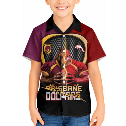 Personalized Brisbane Broncos vs Dolphins Fusion Hawaiian Shirt Hybrid Mascot Lightning Graphic With Hexagon Honeycomb