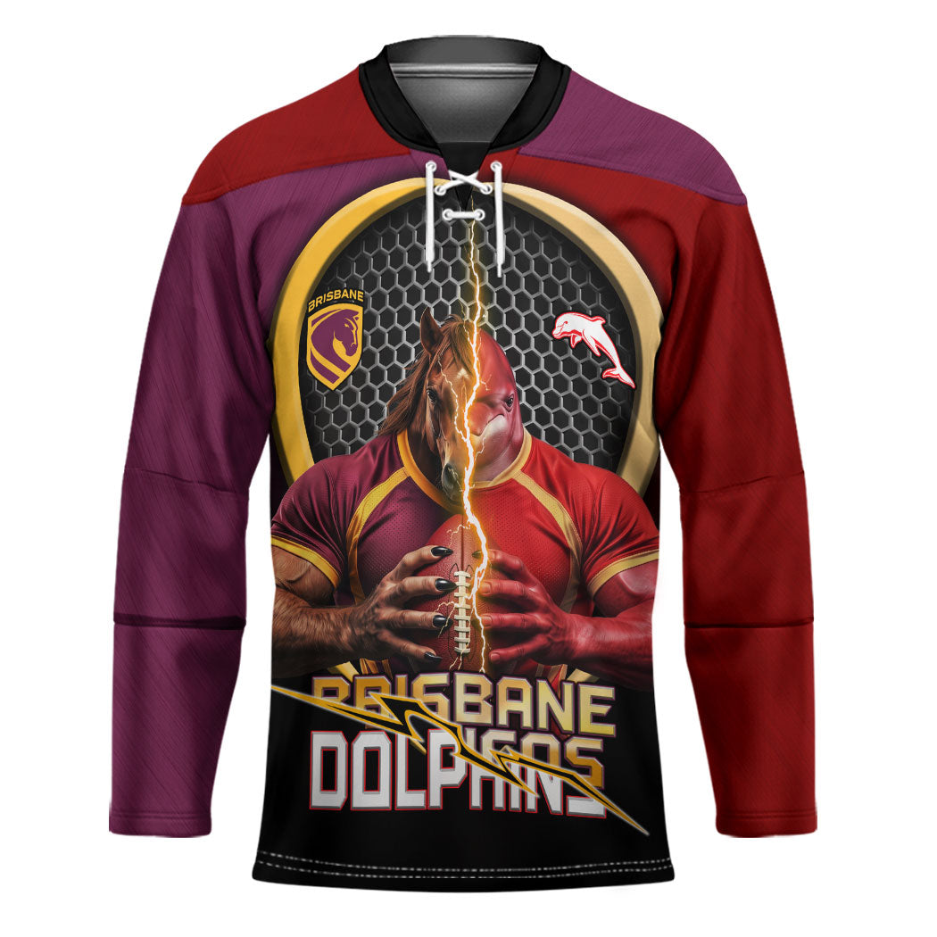 Personalized Brisbane Broncos vs Dolphins Fusion Hockey Jersey Hybrid Mascot Lightning Graphic With Hexagon Honeycomb