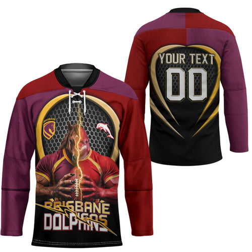 Personalized Brisbane Broncos vs Dolphins Fusion Hockey Jersey Hybrid Mascot Lightning Graphic With Hexagon Honeycomb