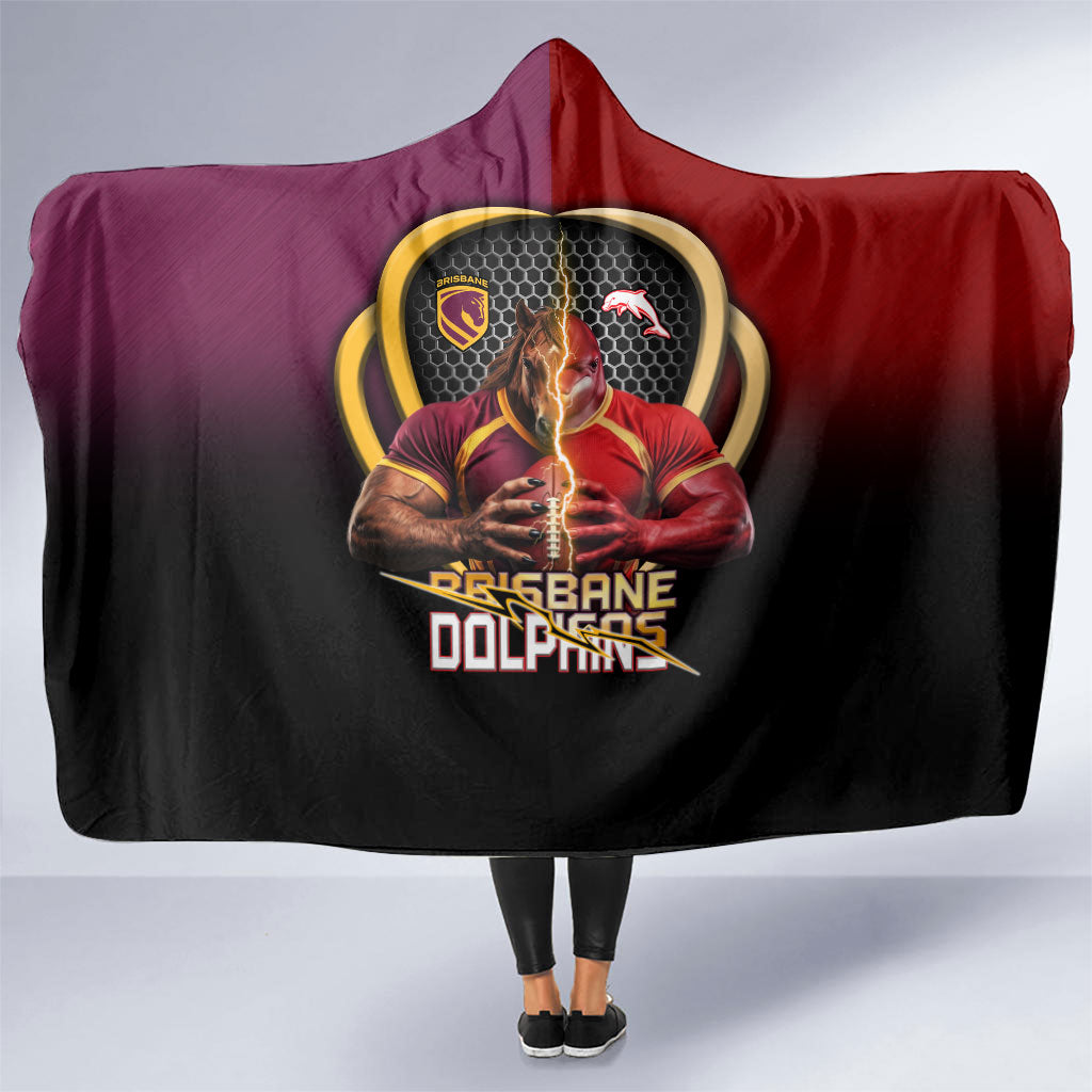 Brisbane Broncos vs Dolphins Fusion Hooded Blanket Hybrid Mascot Lightning Graphic With Hexagon Honeycomb