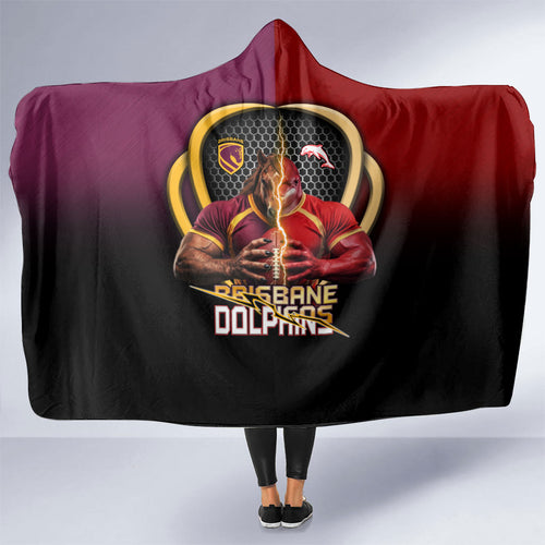 Brisbane Broncos vs Dolphins Fusion Hooded Blanket Hybrid Mascot Lightning Graphic With Hexagon Honeycomb